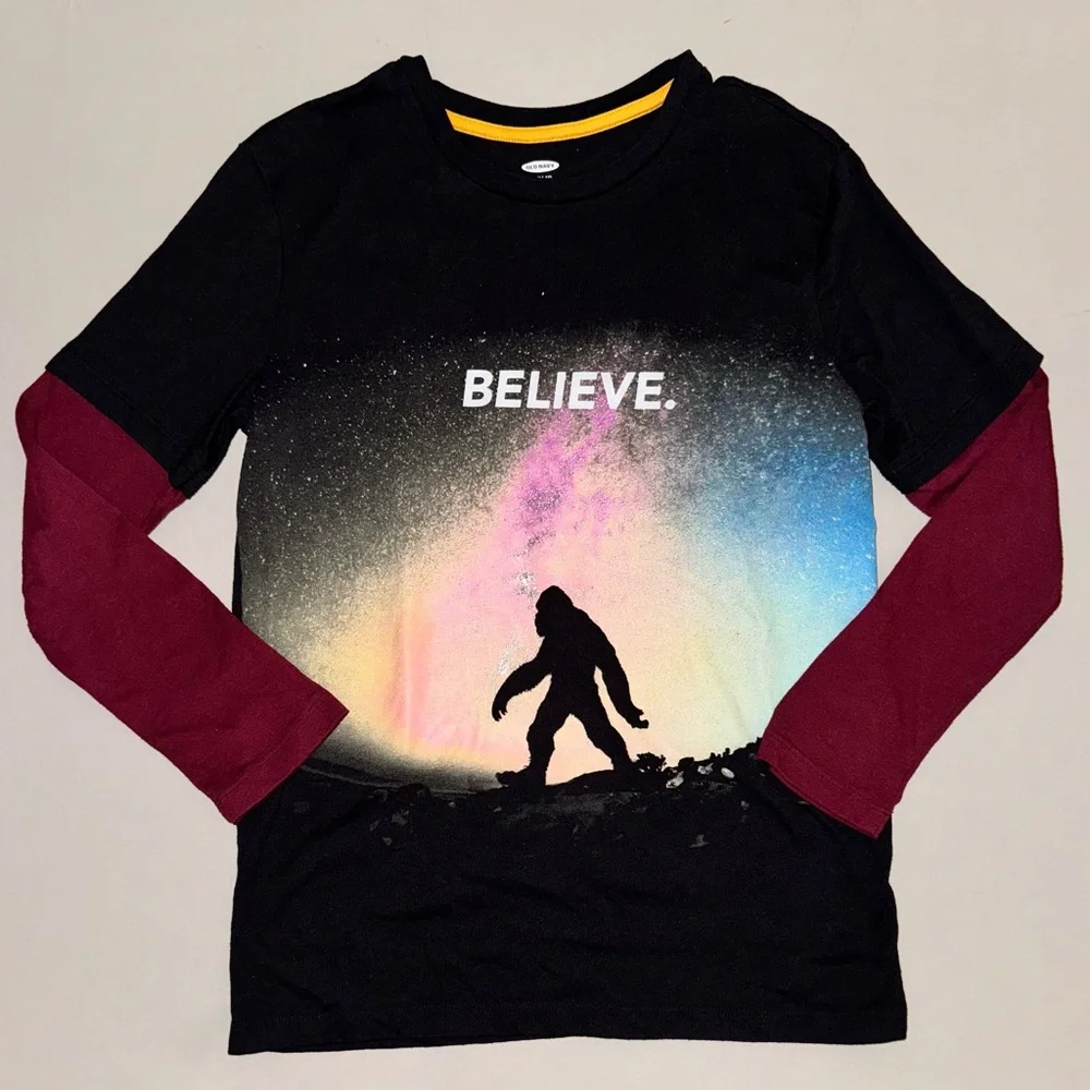 Old Navy boys graphic long sleeve top shirt black gray Bigfoot skateboard XL 14